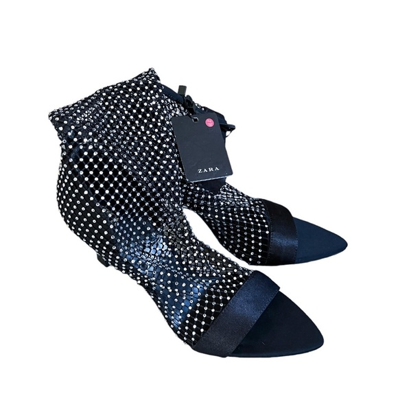 Zara Stretch Mesh Rhinestone Open Toe Stiletto Ankle Booties - Picture 8 of 14